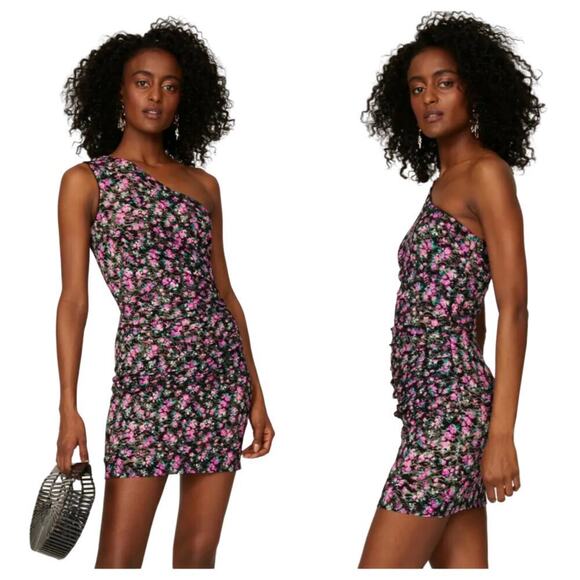 Dress the Population Marie Mini Floral One Shoulder Lace Black Pink Green S - Picture 1 of 10